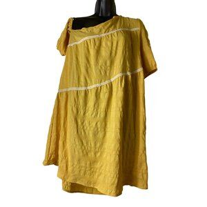 Yellow One-Shoulder Dress With White Trim Medium Boho Y2K feminine Hippie Cute‎